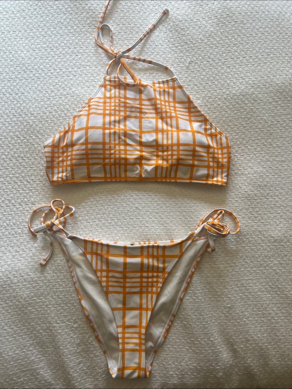 Women’s Orange Plaid Two-Piece Halter Swim Set Large